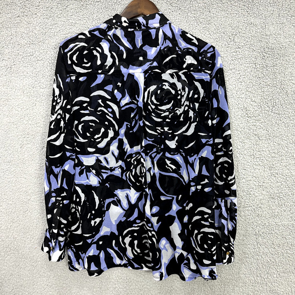 Dana Buchman Popover top Womens XL Black 3D Rose Sheer Mesh Long Sleeve Boho Art - Picture 3 of 7